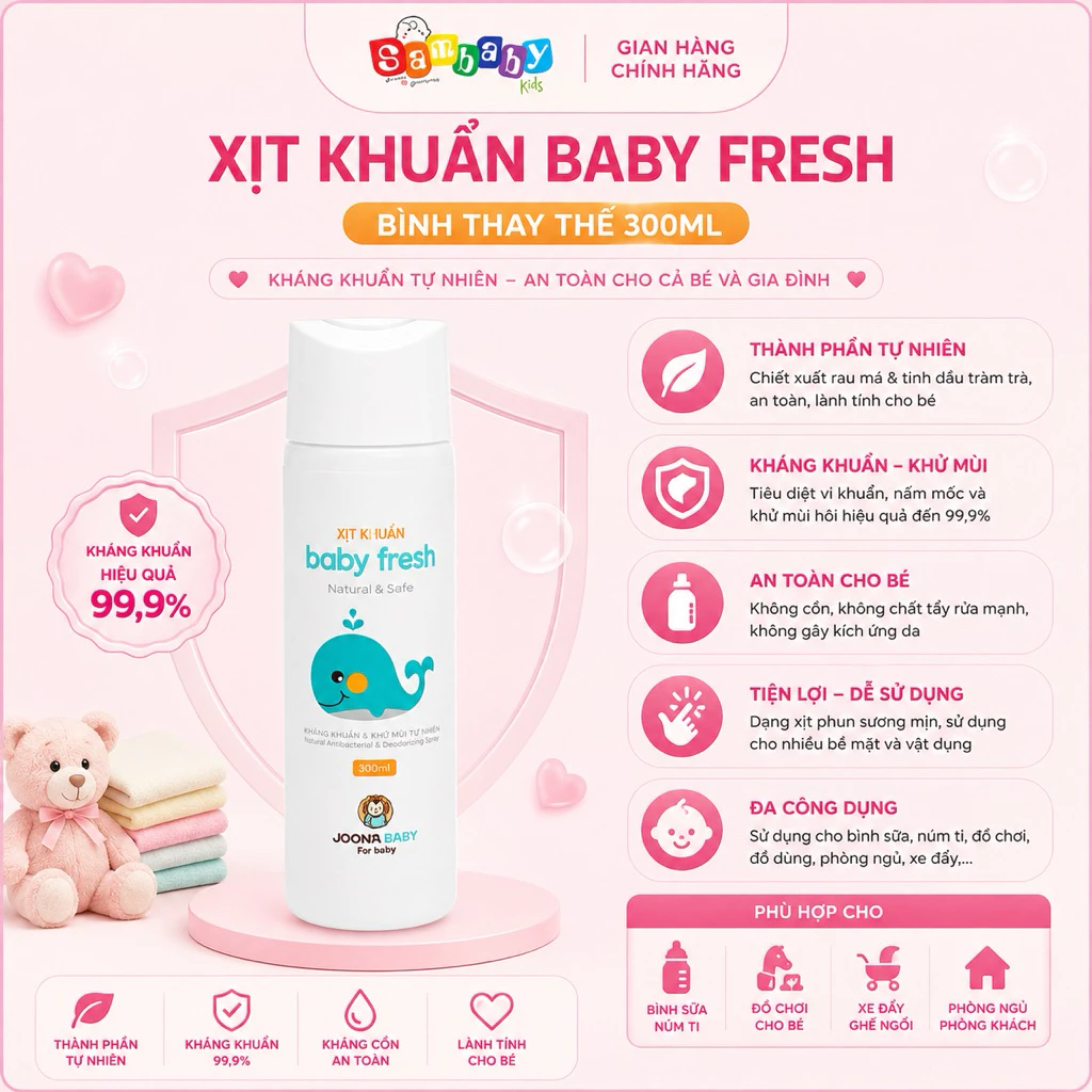 Lõi thay thế cho xịt diệt khuẩn, khử mùi đồ chơi, bình sữa Baby Fresh an toàn cho bé 300ml