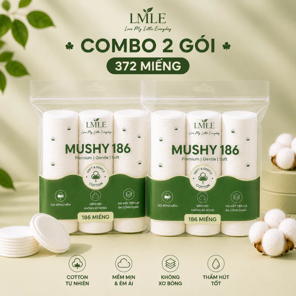 (Combo 2 Gói) Bông tẩy trang LMLE MUSHY 186 Miếng Cotton Mềm Mịn - Không Xơ Bông - Thấm Hút Tốt