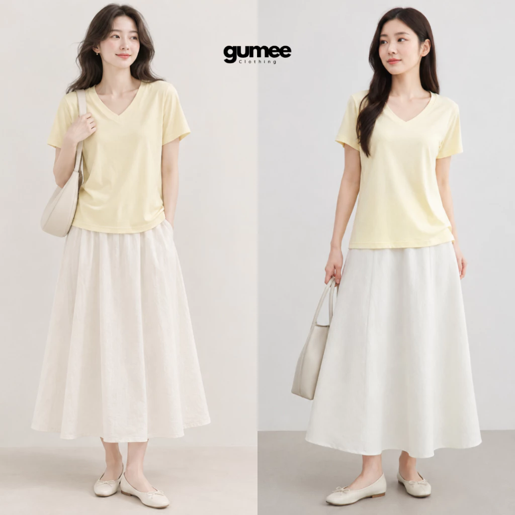 Áo cổ tim nữ trơn form rộng basic chất cotton mịn mát co giãn tốt thấm hút mùa hè Hàn Gumee -G16