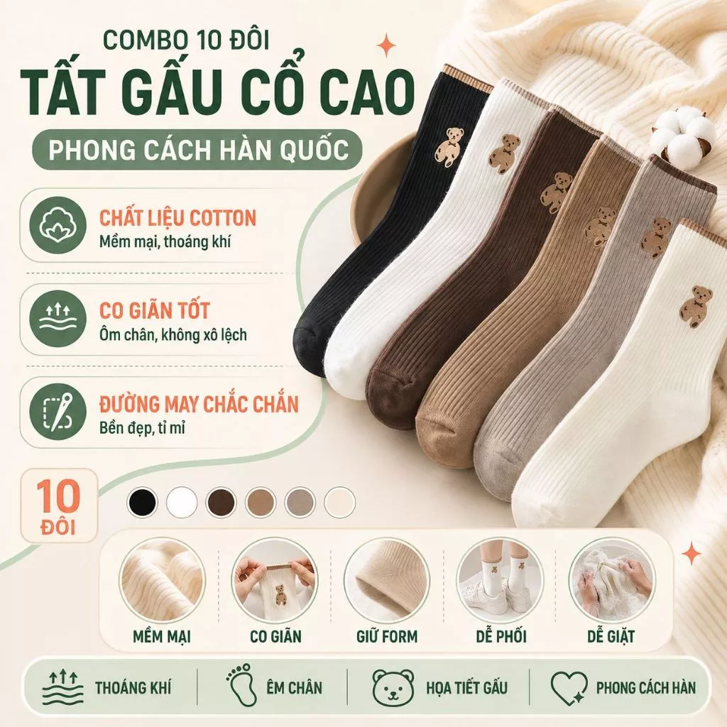 Combo 10 đôi tất gấu cổ cao phong cách hàn quốc đủ màu Nam Nữ