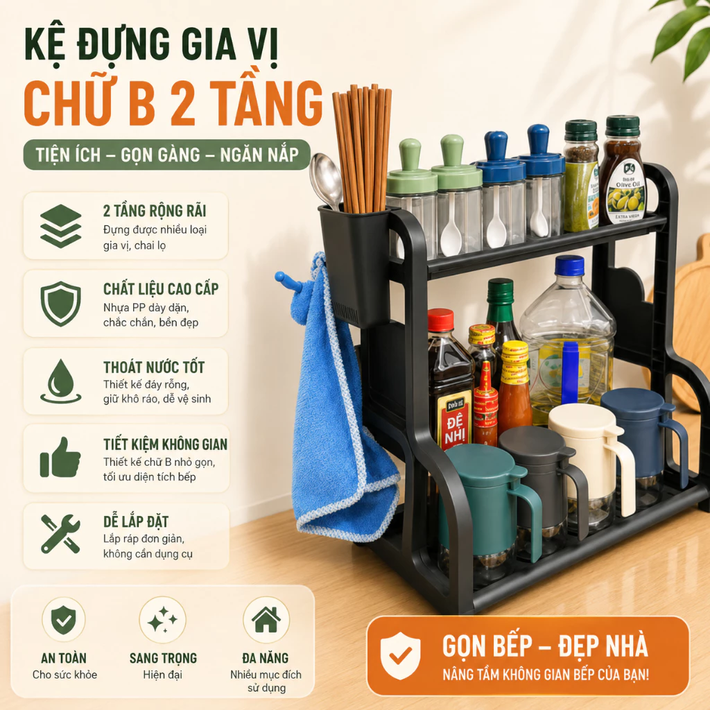 Kệ Đựng Gia Vị Nhà Bếp Chữ B, Kệ Đựng Đồ Dùng Nhà Bếp, kệ gia vị 2 tầng tiện ích