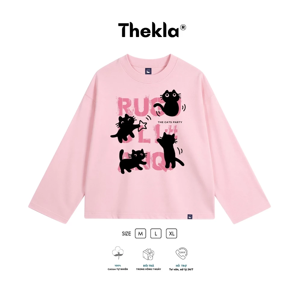 Áo Boxy Dài Tay THEKLA BST211 Mèo Tinh Nghịch - Áo Thu Đông Cotton 4 Chiều Dày Dặn Co Giãn Streetwear