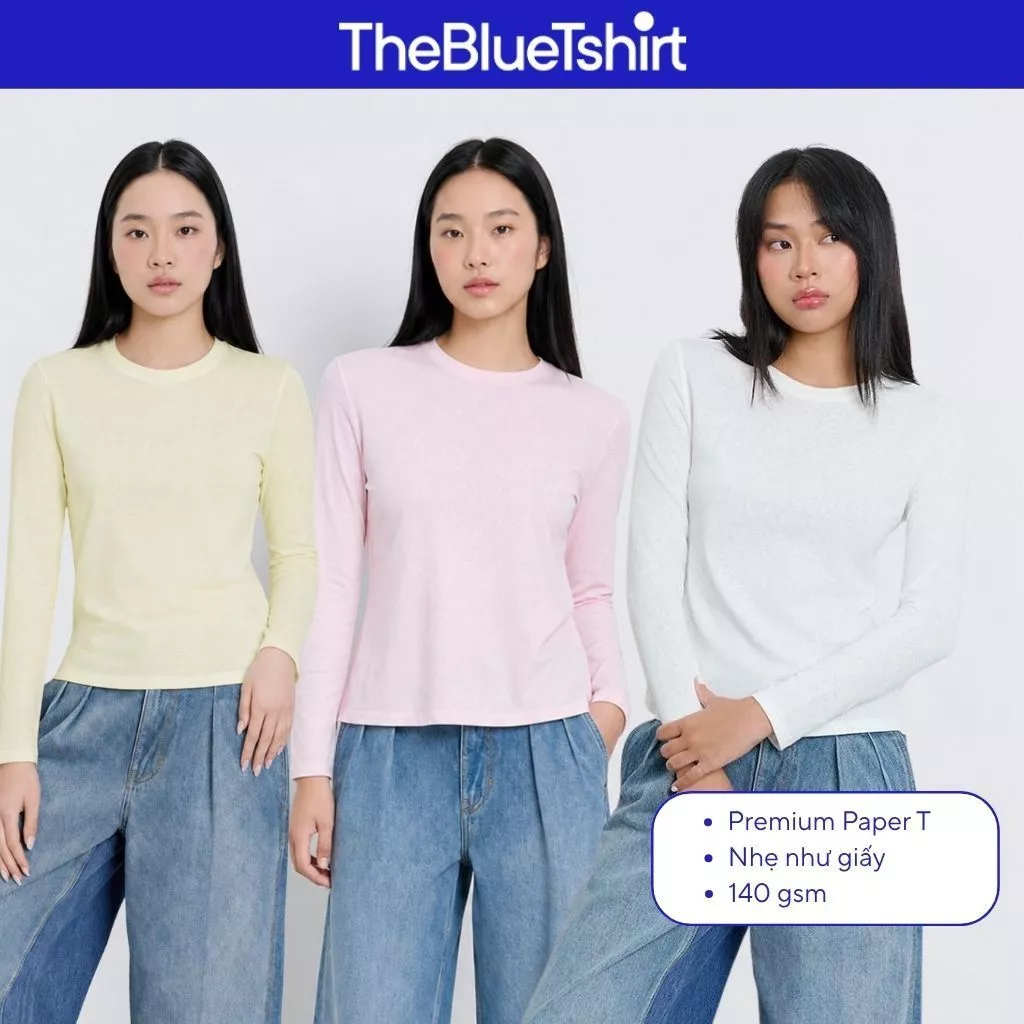 TheBlueTshirt - Áo thun trắng dài tay cổ tròn cotton pha lanh cao cấp cho nữ - Paper Long Sleeve T