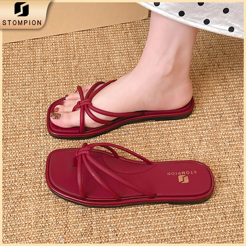 STOMPION Dép xỏ ngón nữ quai mảnh nhiều dây đế mềm mũi vuông phong cách Hàn Quốc dễ phối đồ 4 màu