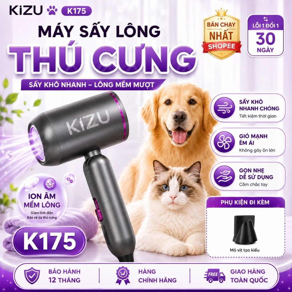 Máy Sấy Thú Cưng KIZU K175 3000W, Máy Sấy Chó Mèo Lông Dày, Sấy Khô Nhanh