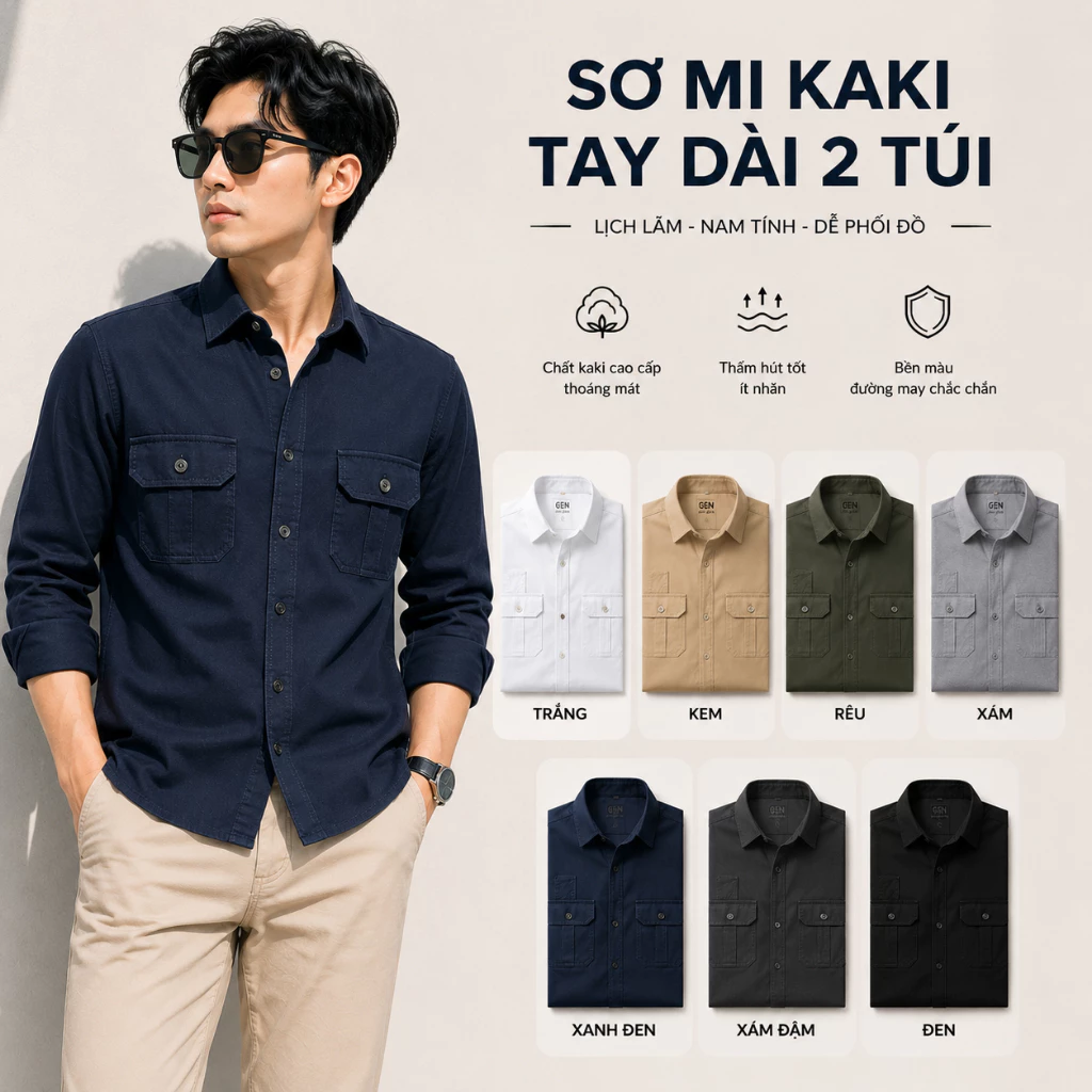 Áo Sơ Mi Kaki MISFIT Tay Dài Nam 2 Túi Có Nắp, Vải Kaki Bền Đẹp, Áo Khoác Sơ Mi Nam