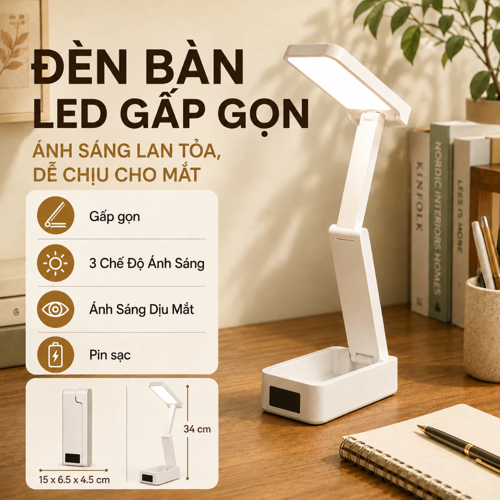 Đèn Bàn Học LED Gấp Gọn Tích Điện 2400mAh, 3 Chế Độ Ánh Sáng, Đèn Đọc Sách Bảo Vệ Mắt