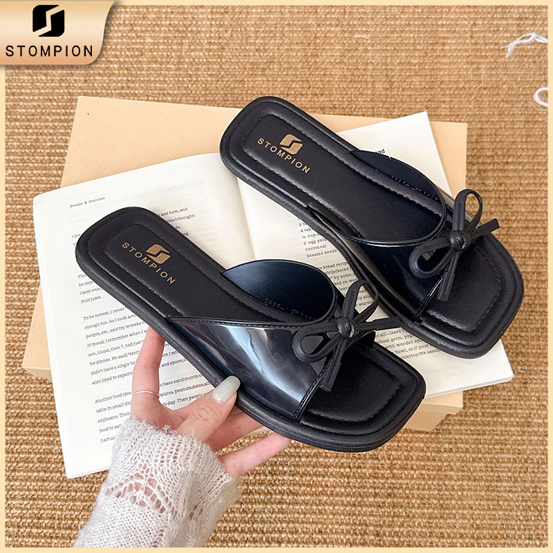 STOMPION Dép nữ thời trang quai mảnh thắt nơ mũi vuông đế thấp êm chân đi chơi đi phố phong cách Hàn Quốc