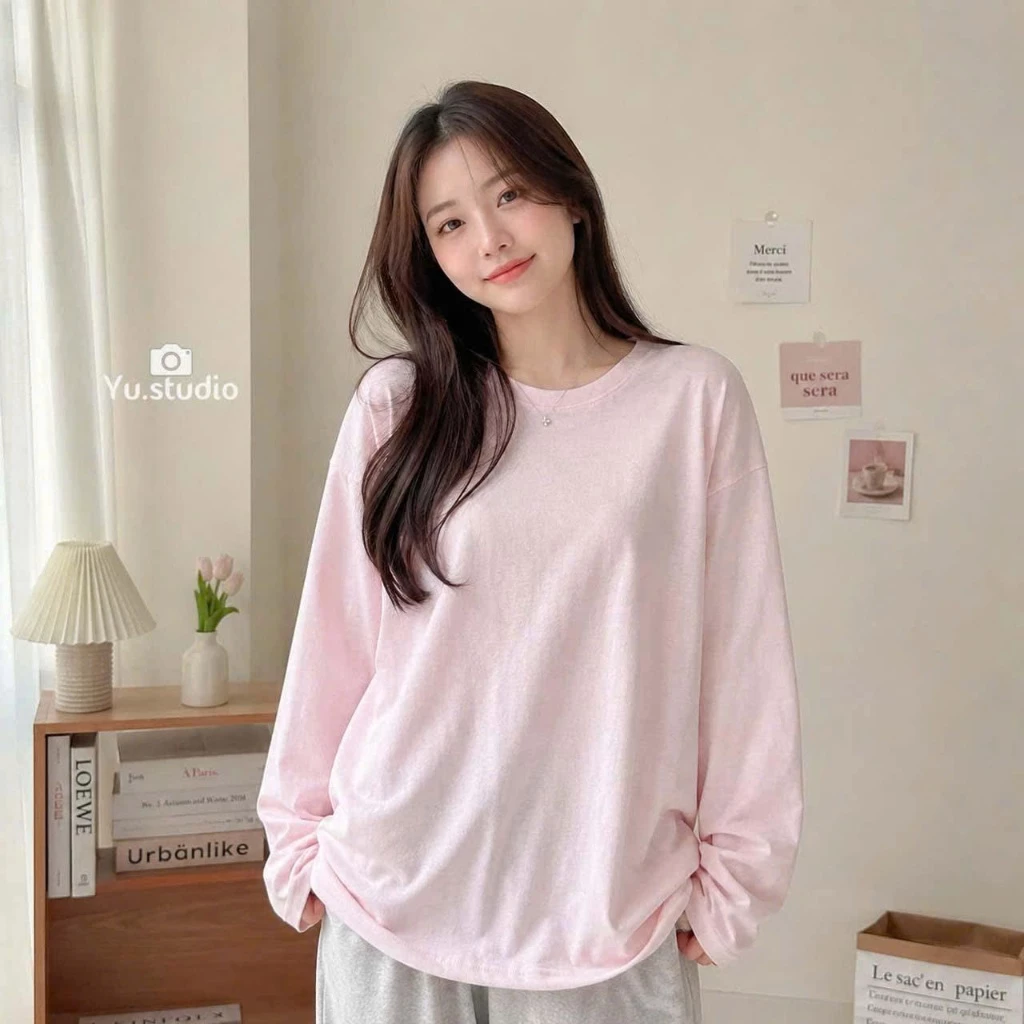 Áo thun nữ YUSTUDIO form rộng tay dài chất giấy thu đông mẫu cổ tròn Trơn