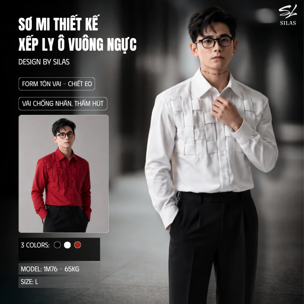 (Form Tôn Vai) Áo Sơ Mi SILAS Xếp Ly Version 8 Ô Vuông Tay Dài Cổ Bẻ - AML04