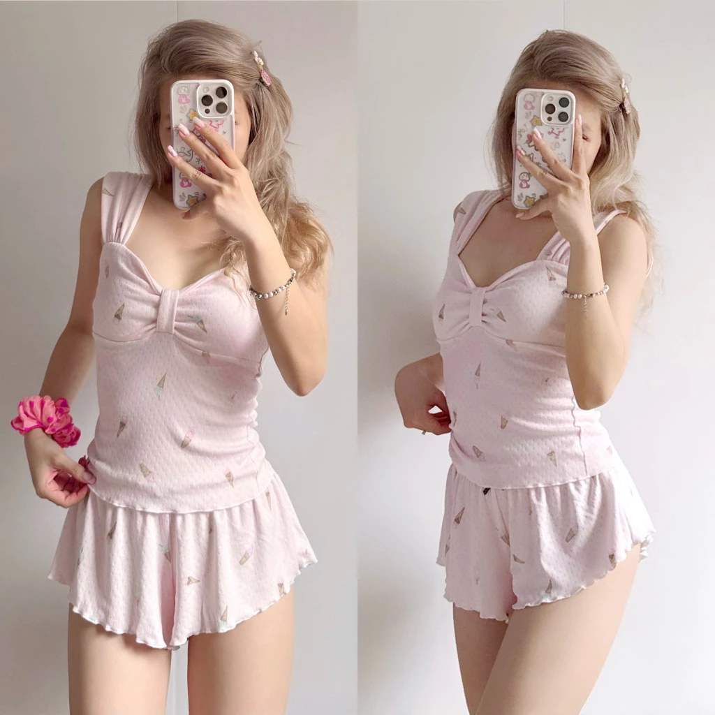 [BOWBABY] Bộ ngủ nơ quần mini xoè thun thông hơi đáng yêu