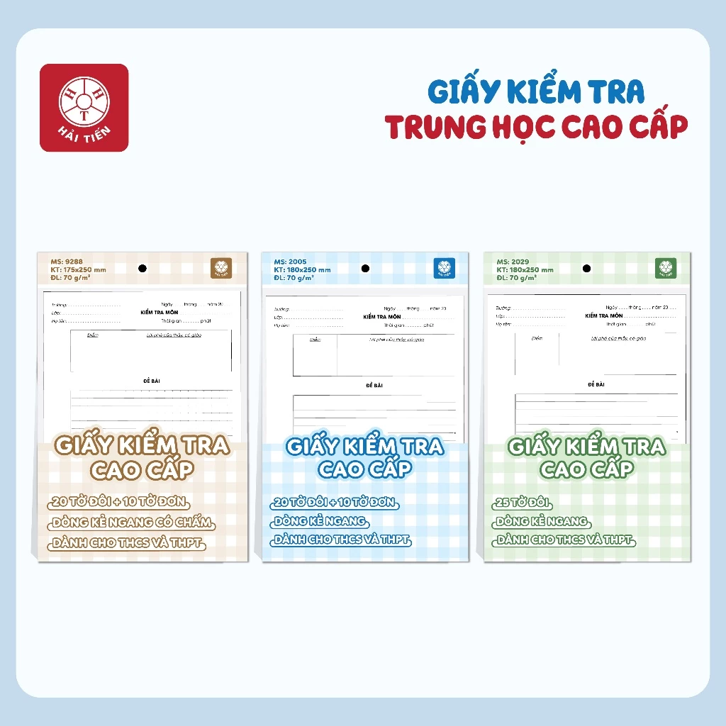 HẢI TIẾN Giấy kiểm tra trung học cao cấp (20 tờ đôi + 10 tờ đơn/túi)