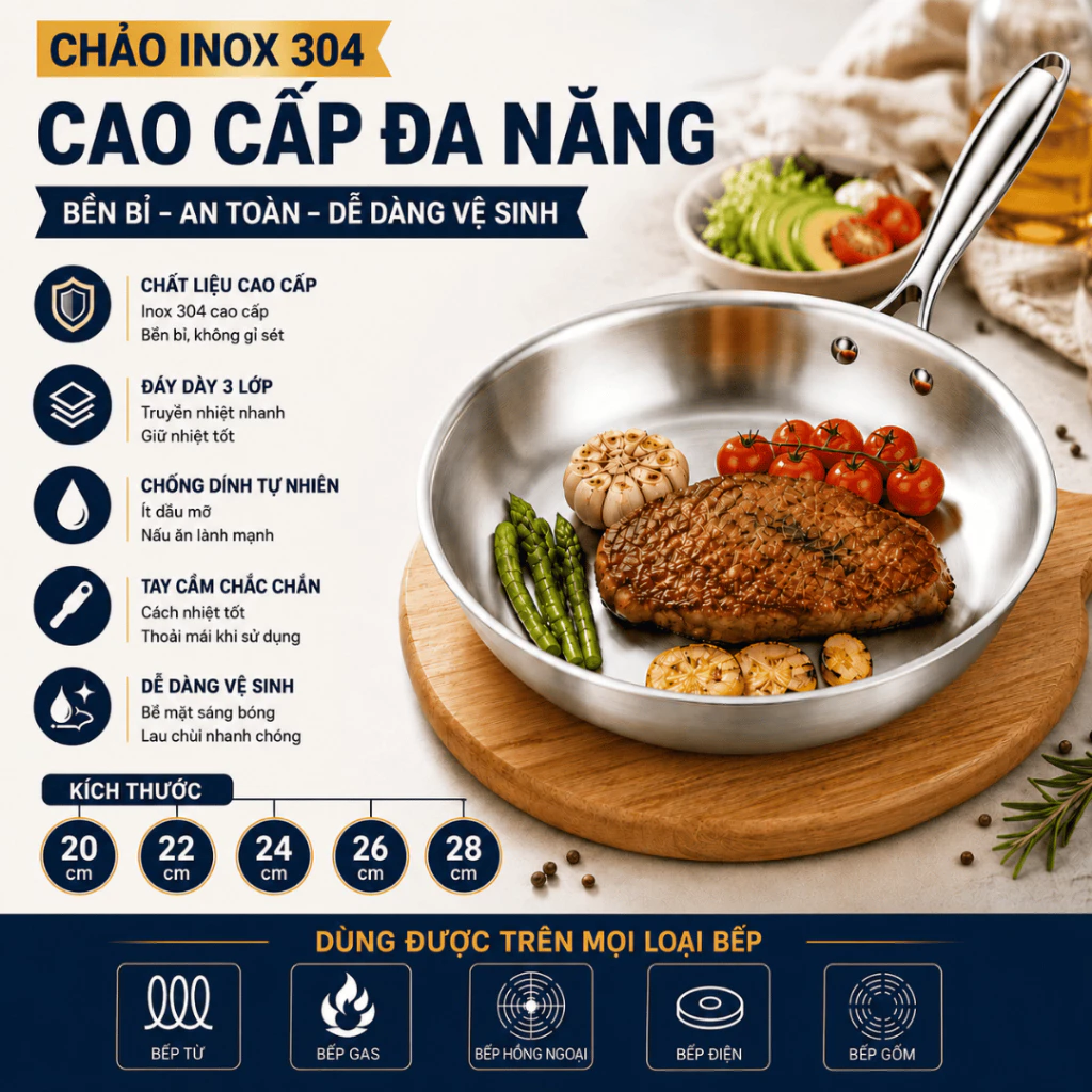Chảo Inox 304 Nguyên Khối 3 Lớp 20 - 28cm Không Phủ Chống Dính Dùng Cho Mọi Loại Bếp