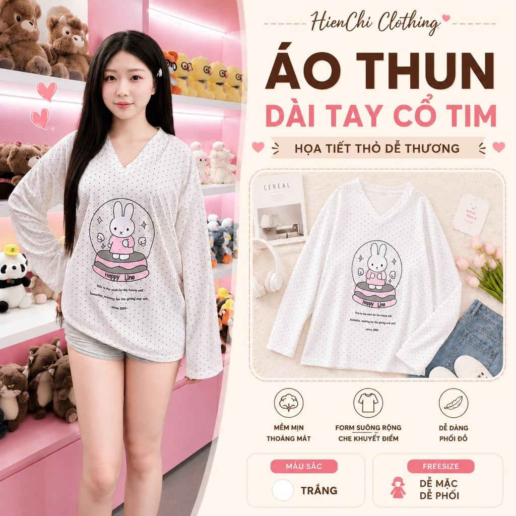 Áo Thun Nữ Dài Tay Cổ Tim Chấm Bi Họa Tiết Thỏ Dễ Thương Form Suông Rộng Freesize Phong Cách Hàn Quốc