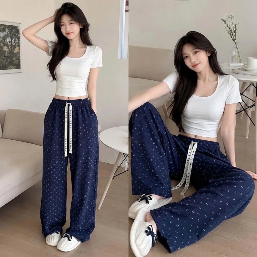 Quần suông nữ YUSTUDIO, quần dài nữ ống rộng, quần ống rộng chất đũi họa tiết