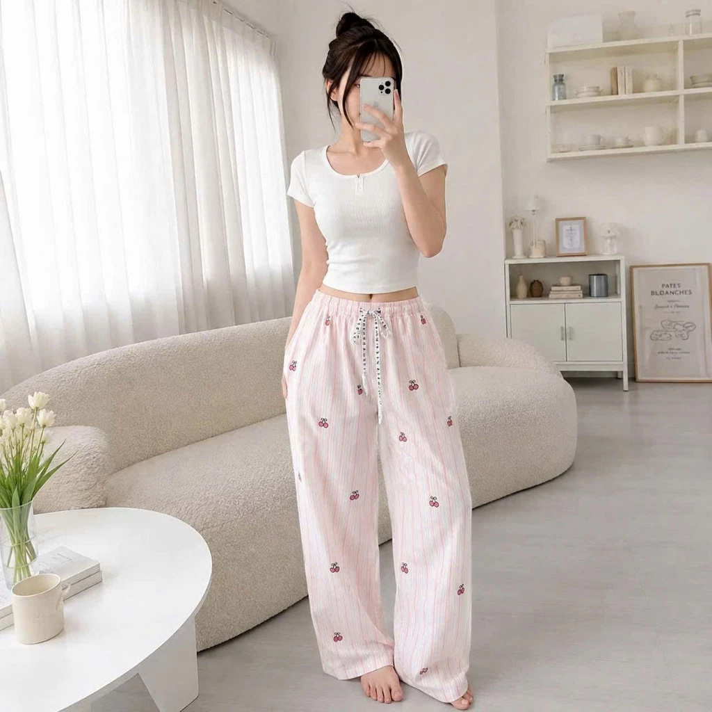 Quần suông nữ YUSTUDIO, quần dài nữ, quần ống rộng chất đũi vân mây hoạ tiết