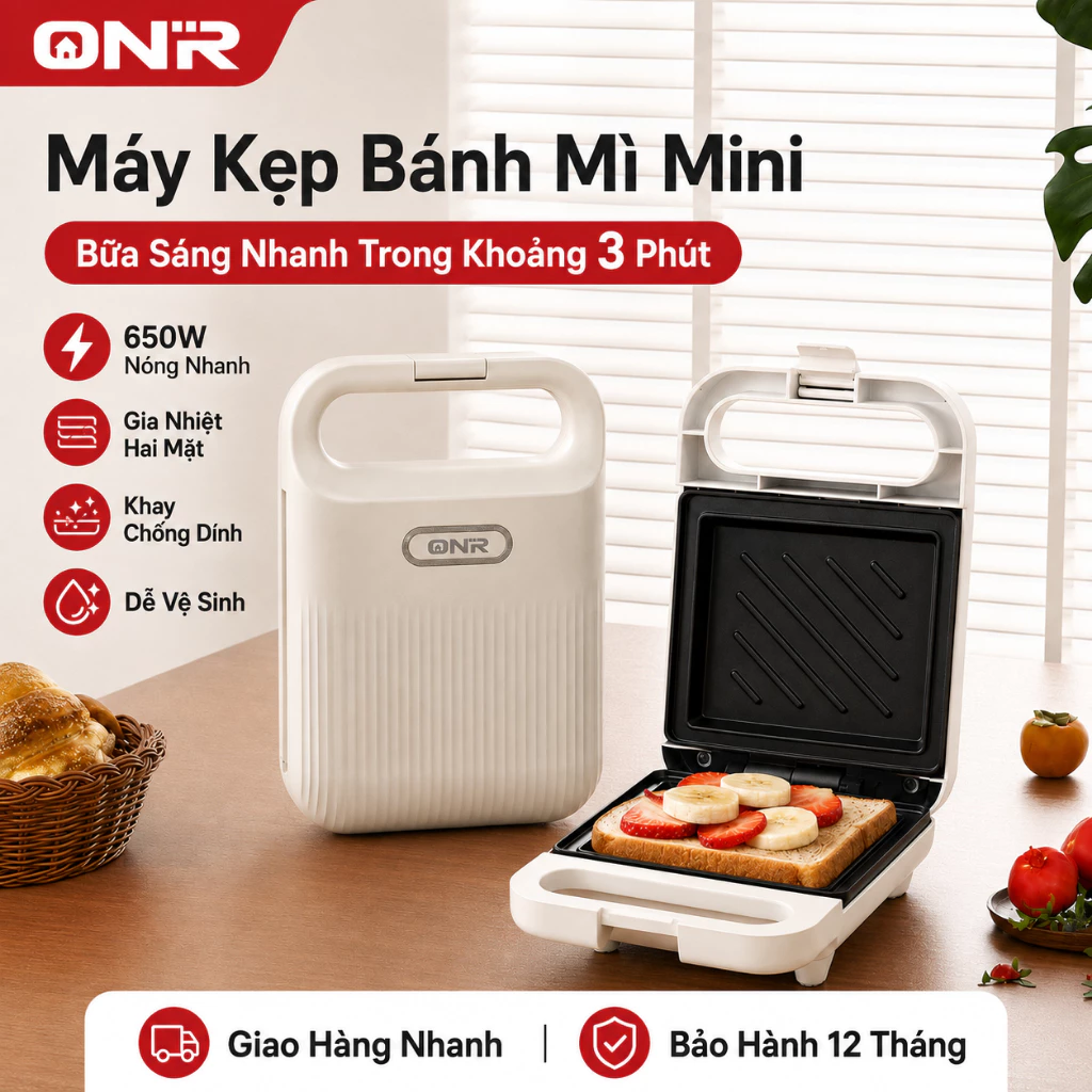 [HỎA TỐC] ONR Máy Nướng Bánh Mì Sandwich 650W, Chống Dính Teflon, Dễ Sử Dụng, Bảo Hành 12 Tháng