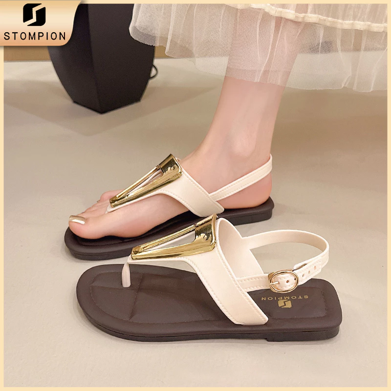 STOMPION Dép sandal nữ xỏ ngón quai hậu đế bệt phối họa tiết hình học sang trọng êm chân thời trang