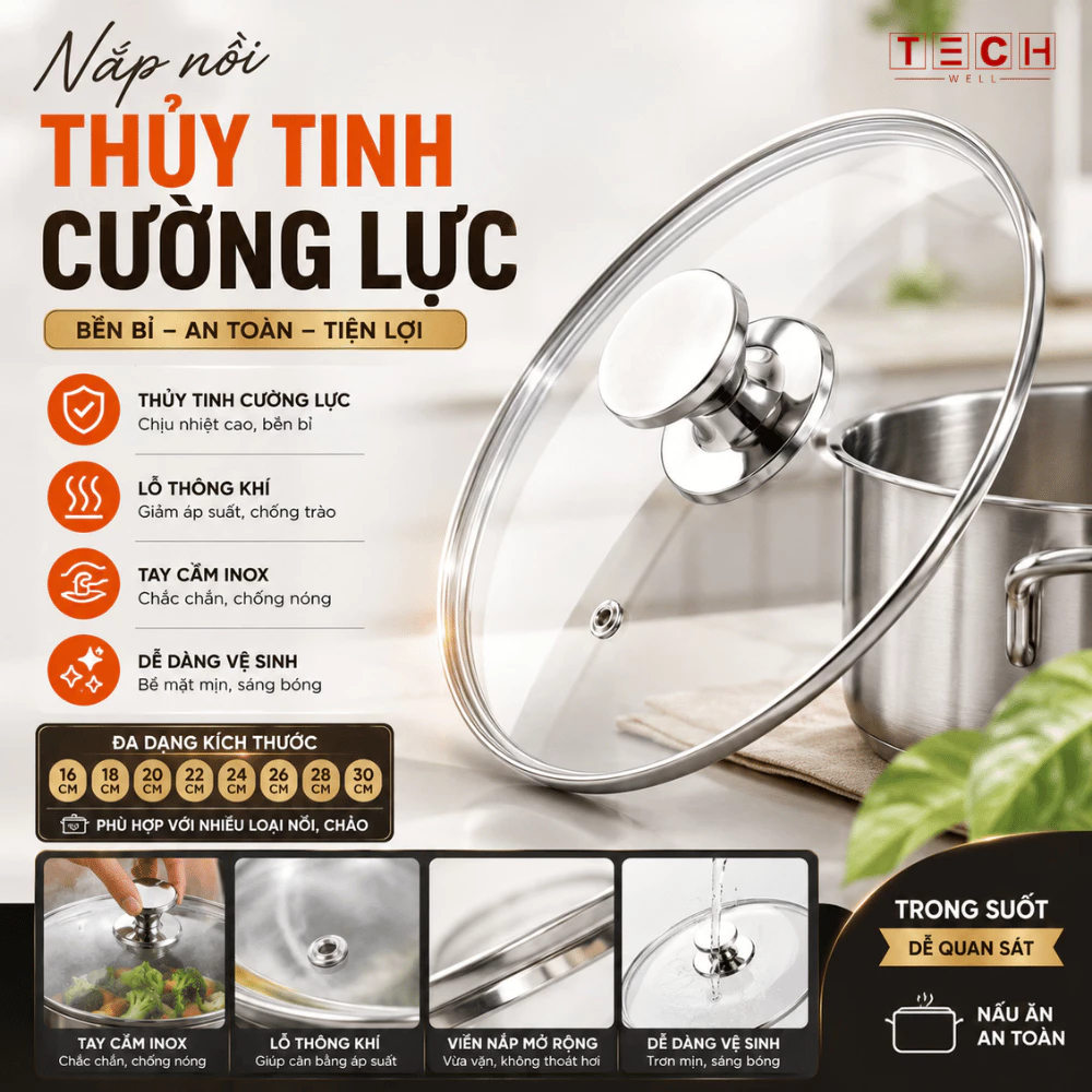 Nắp nồi thủy tinh cường lực cao cấp tương thích mọi nồi chảo 20-26cm