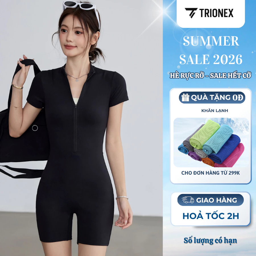 Jumpsuit Liền Thân Ngắn Tay Thể Thao Nữ Cổ Khóa Kéo Ôm Body Tôn Dáng Tập Gym Yoga Pilates TRIONEX [K122]