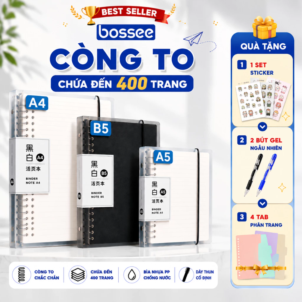 [ TẶNG 7 món] Sổ còng Bossee set bìa còng A4 B5 A5, binder còng sắt 4 6 9 20 26 30 còng làm sổ tay, vở ghi chép