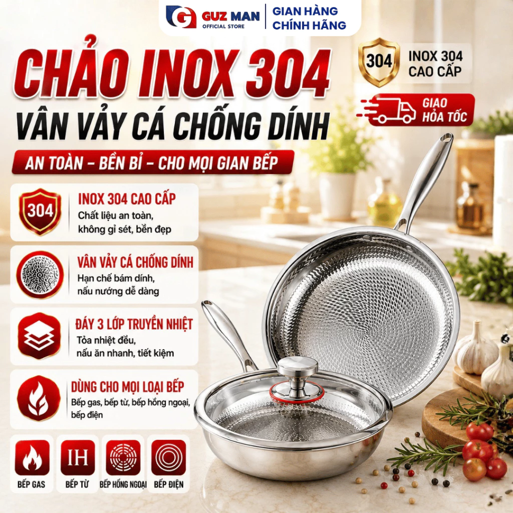 Chảo INOX 304 Vân Vảy Cá Chống Dính, Chảo 3 Lớp Đáy Liền Khối Cao Cấp Dùng Cho Mọi Loại Bếp