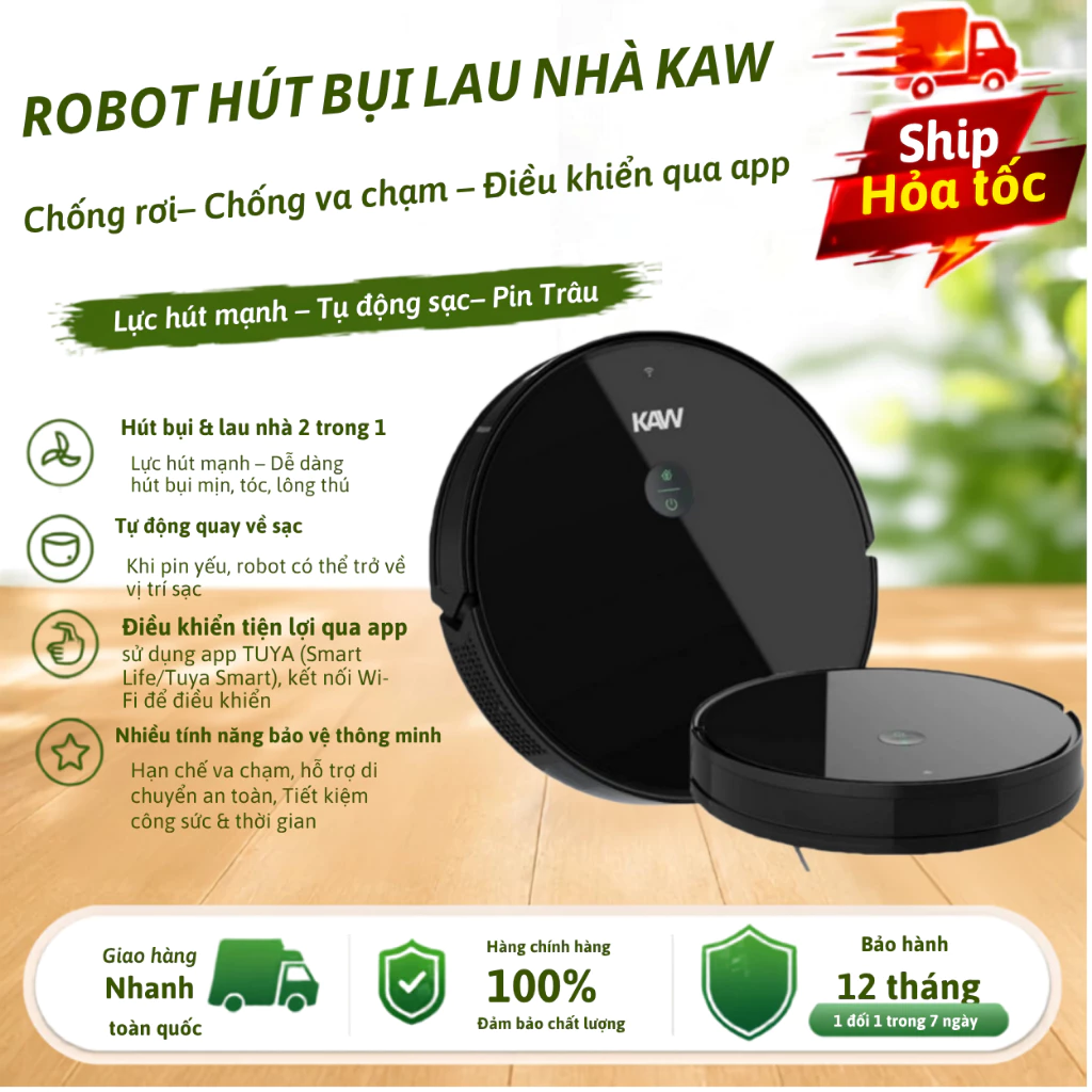 Robot Hút Bụi Lau Nhà KAW E300 Cảm Biến Chống Rơi, Lực Hút Mạnh, Bảo Hành Chính Hãng 36 tháng