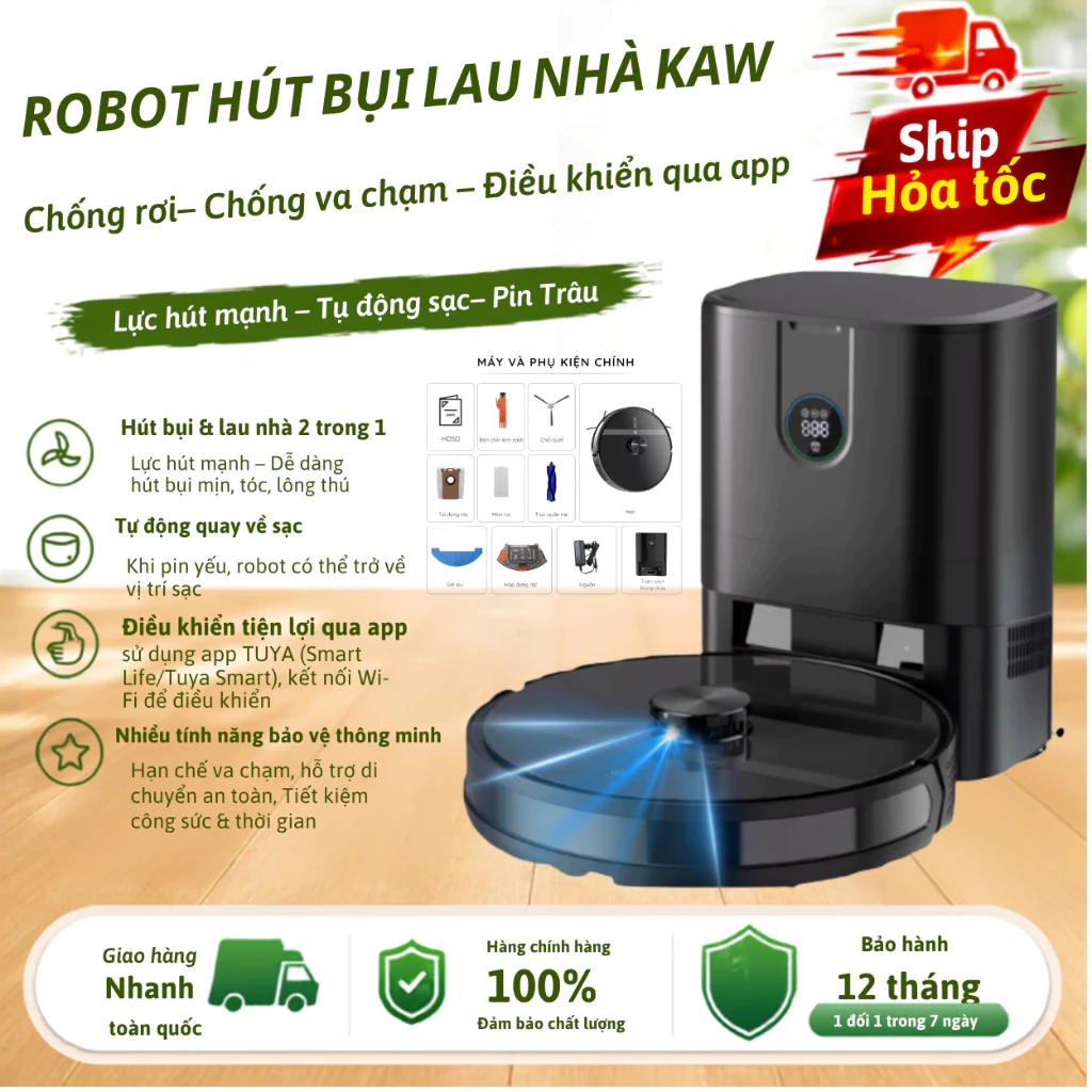 Robot hút bụi lau nhà 2 trong 1 KAW-LV570, Cảm biến, app điều khiển từ xa, thông minh tự động sạc