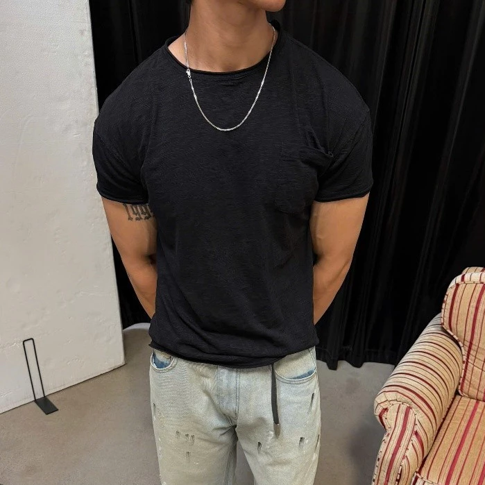 Áo Thun Nam B Brown Vải Cotton Xược Form Crop Thiết Kế Túi Ngực Viền Unfinished – Slub Cotton Cropped T-Shirts ATSC01
