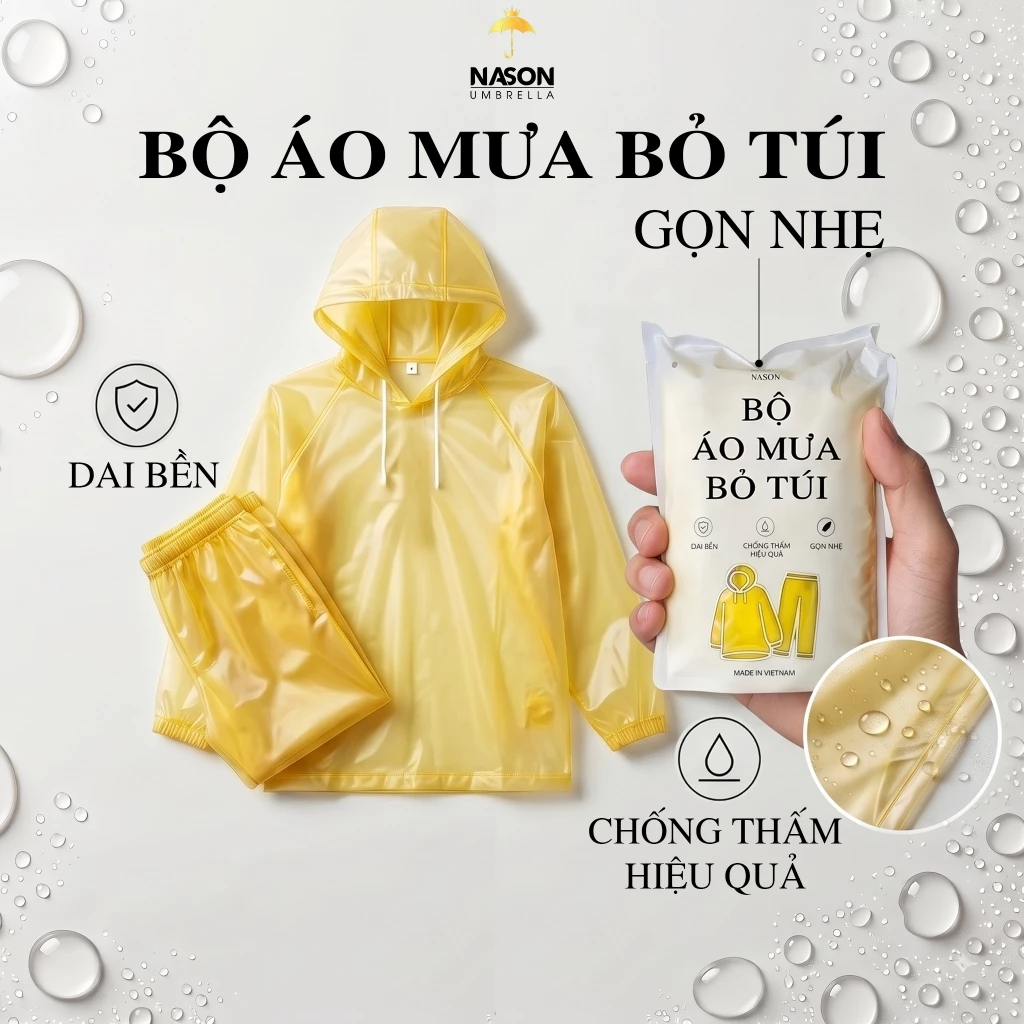 Áo mưa bộ bỏ túi siêu nhẹ Nason – áo mưa quần áo chống thấm, bền, gọn nhẹ, dễ mang theo