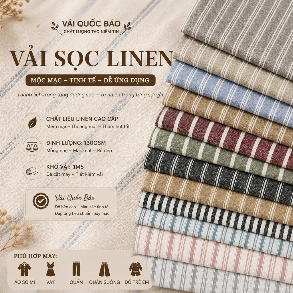 [Quốc Bảo] Vải sọc linen,khổ 1m5,130gsm,áo sơ mi,đầm,quần,đồ handmade,decor