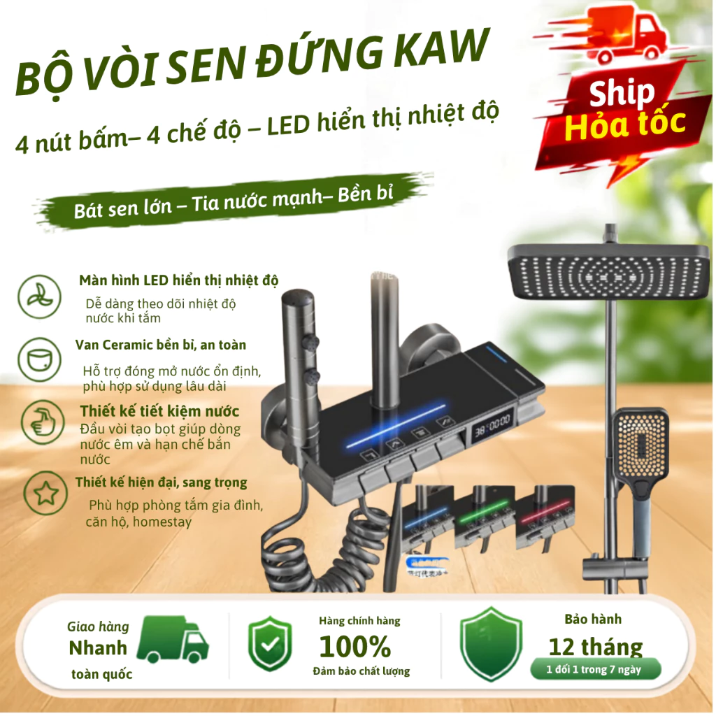 Bộ Sen Cây Tắm Nóng Lạnh KAW 4 Nút Bấm Hiển Thị Nhiệt Độ, Màn Hình LED, Lõi Đồng, BH 12 THÁNG
