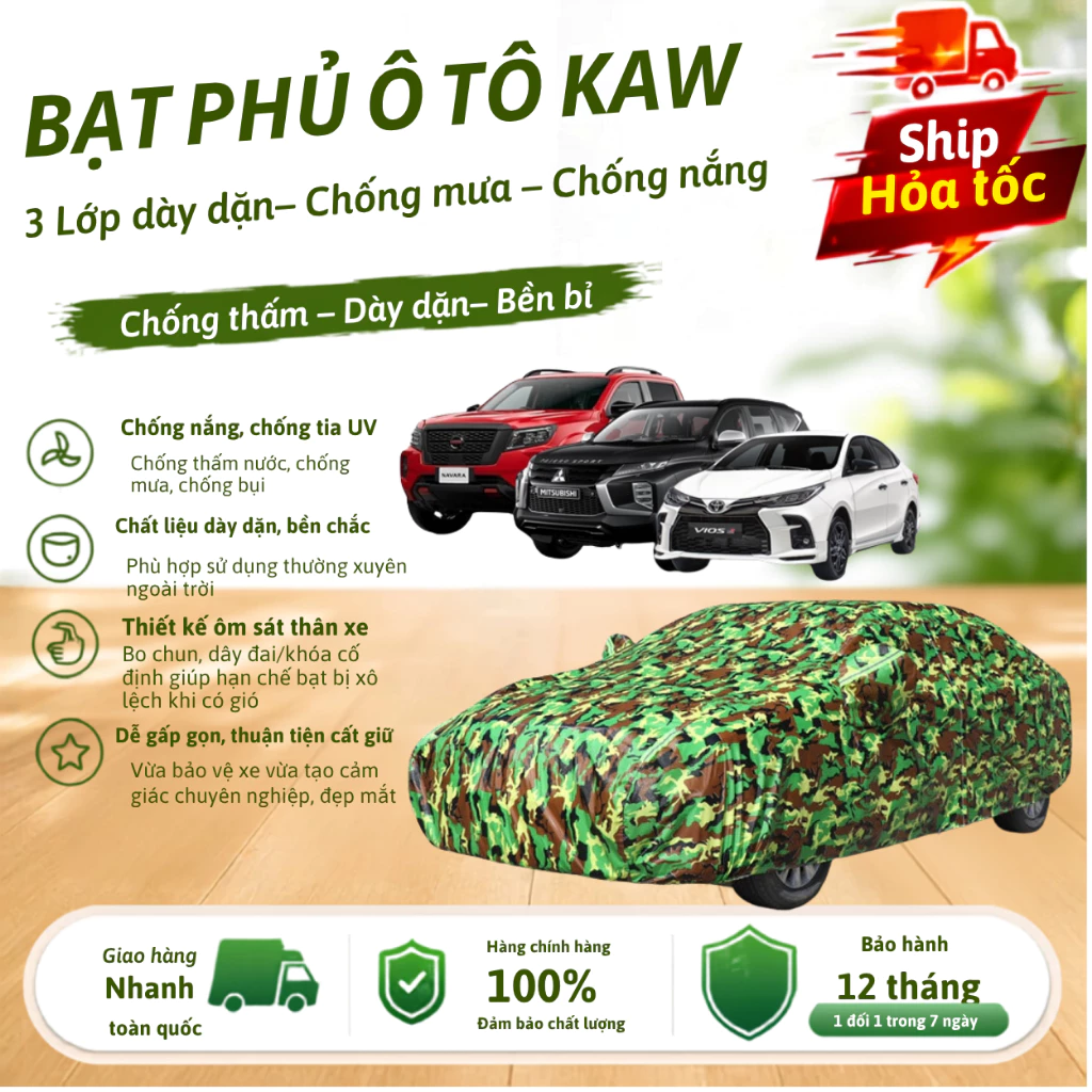 Bạt Phủ Ô Tô Cao Cấp Kaw -  3 Lớp Tráng Nhôm Bọc Lớp Nỉ Trong Chống Xước, Chống Nắng chính hãng