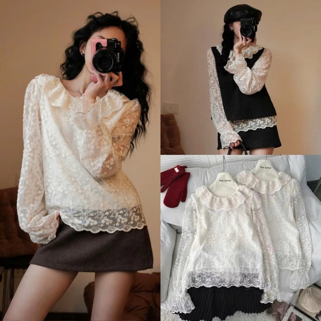 ÁO REN HOA NỔI CỔ BÈO - Áo sơ mi ren hoa kiểu QC tay bồng 2 lớp ulzzang tiểu thư HQ Aorenhoa552