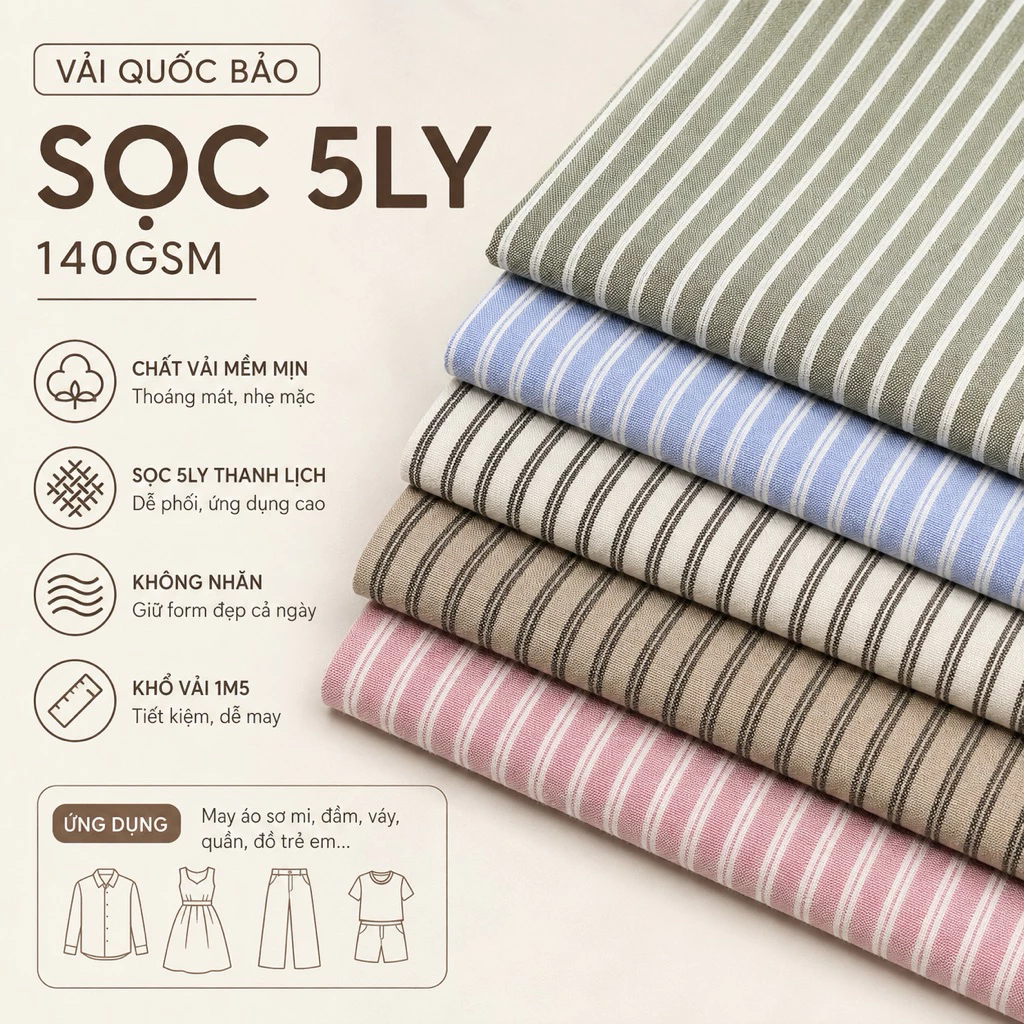 [Quốc Bảo] vải sọc linen, 140gsm, khổ 1m5, phù hợp may đầm, quần ,set ,áo, đồ trẻ em , đồ handmade, decor