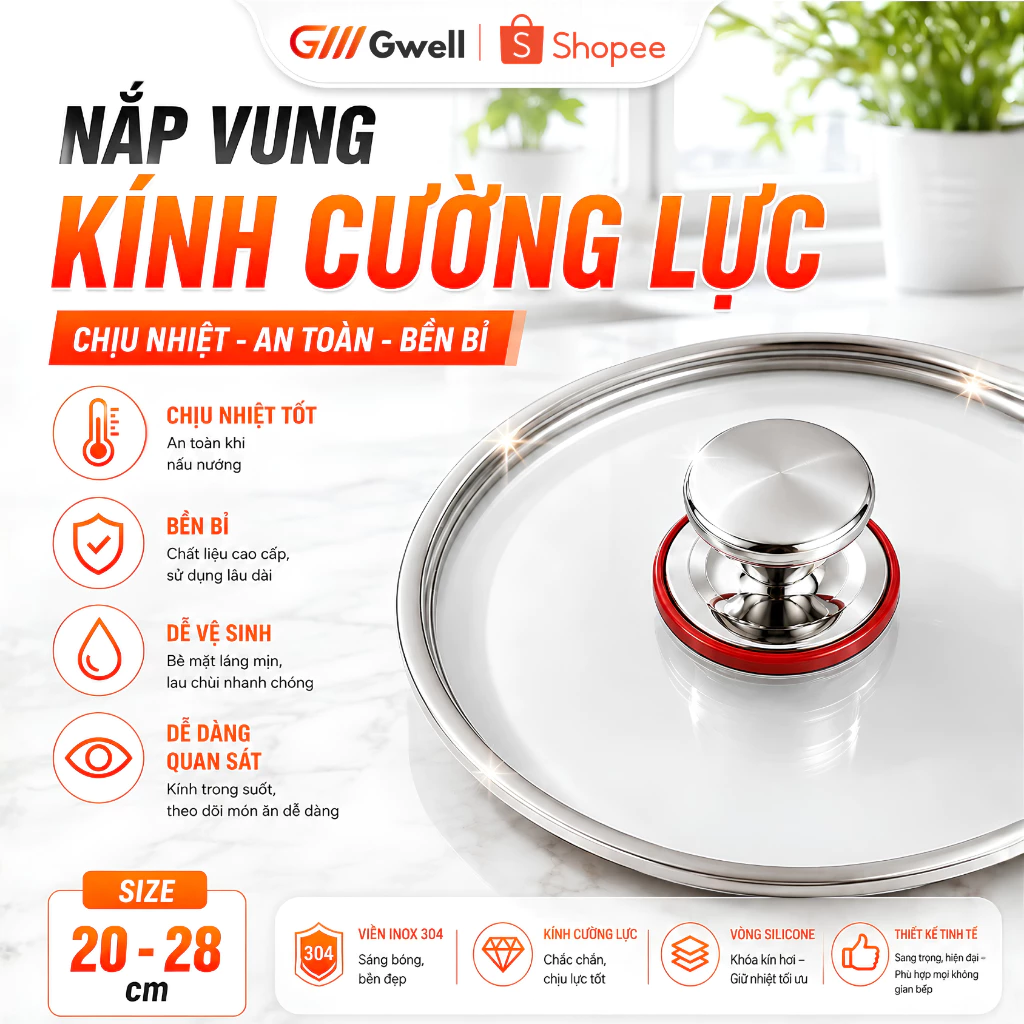 Nắp Vung Nồi Chảo inox 304 Thủy Tinh Cường Lực Cao Cấp Size 20 - 26cm Núm Cầm Tay Inox Chống Nóng