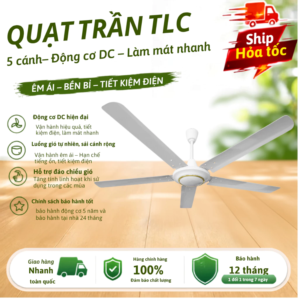 Quạt trần TLC-QTE-EV05 Classic 5 cánh – Động Cơ Bền, Siêu Mát, Tiết Kiệm Điện, BH Chính Hãng 5 Năm
