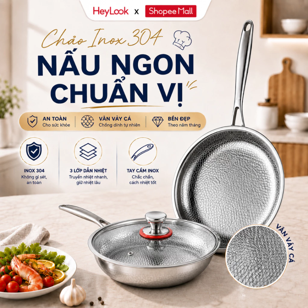 Chảo Chống Dính Vân Vảy Cá Inox 304, Chảo 3 Lớp Đáy Liền Khối Cao Cấp, Phù Hợp Với Mọi Loại Bếp