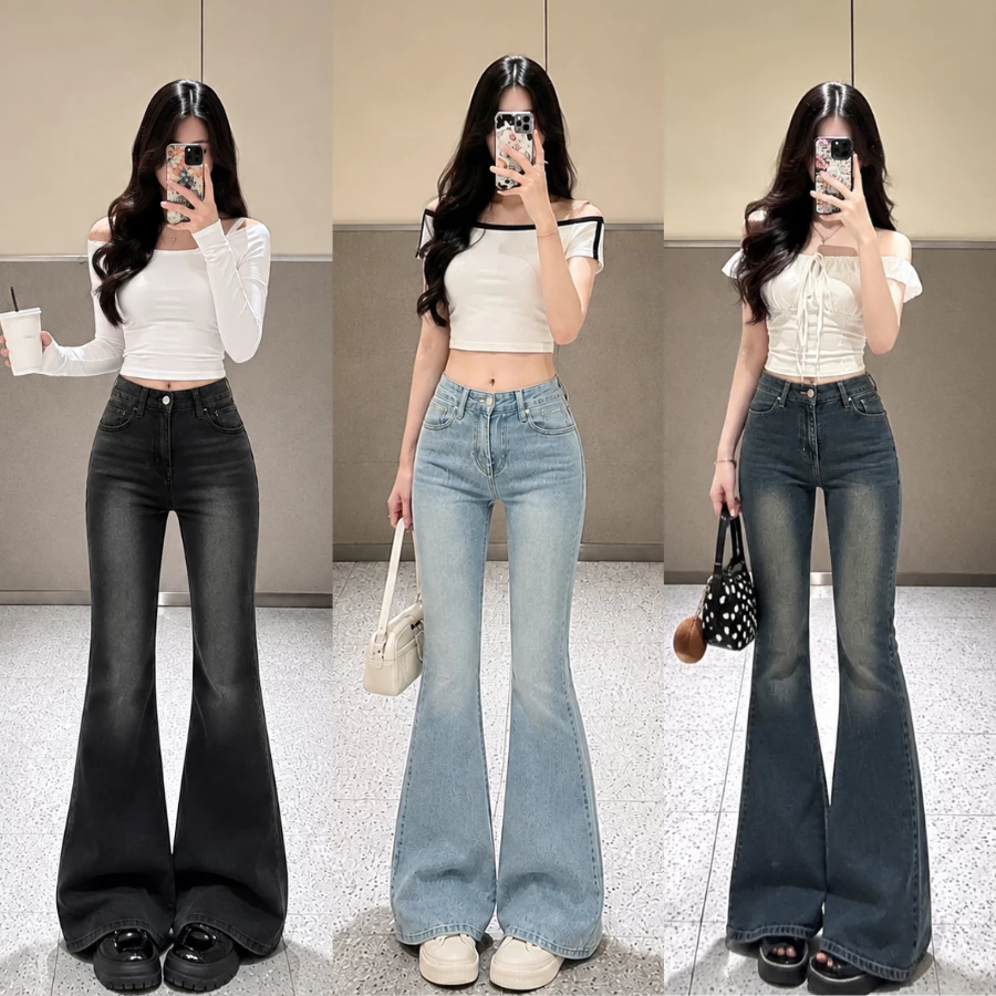 Quần Jeans Ống Loe Nữ NAGUU Dáng Suông Cạp Cao Màu Bụi Mài Co Giãn Tốt, Quần Bò Loe Nữ Tôn Dáng Q22