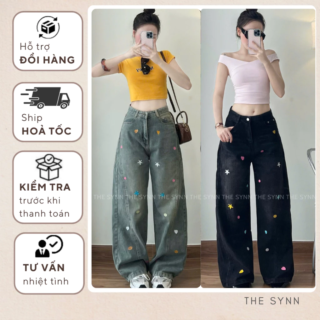 Q23 - Quần Jeans Nữ Ống Rộng, Lưng Cao Thêu Hoạ Tiết Hoa Lá