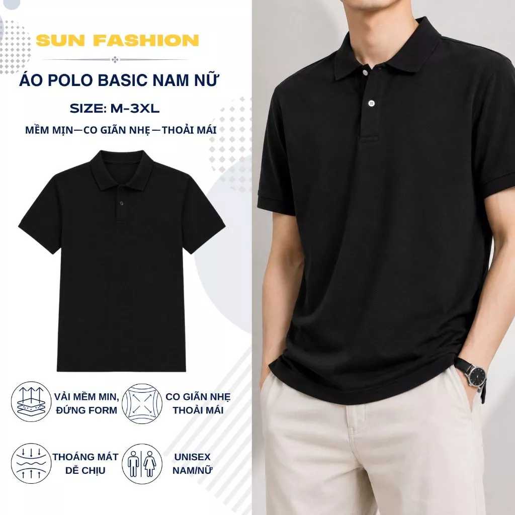 Áo POLO nam nữ Q2 SUN FASHION MÀU ĐEN cổ bẻ chất thun cá sấu mềm mịn, thoáng mát, co giãn nhẹ, dễ phối đồ.