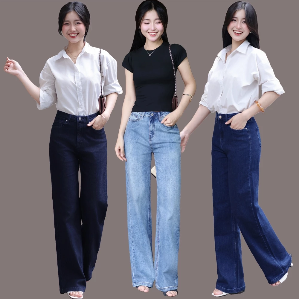 Quần jeans nữ ống suông TTTHAO cao cấp kiểu dáng quần jeans nữ ống rộng dài 103cm VNXK phong cách quần jeans nữ basic J7