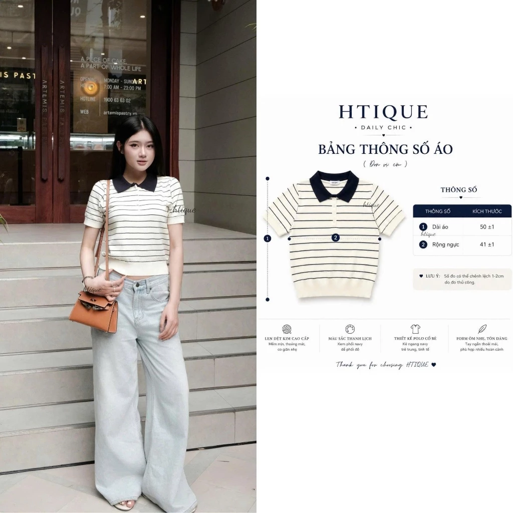 [SVIP] HTIQUE - DEAL mở bán Áo polo len dệt kim kẻ ngang thoáng khí, Áo polo kiểu nữ đơn giản dễ mix daily LN02