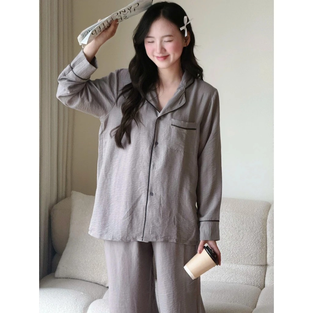 [SVIP] MB-SET-015 Maybee.Homedress Bộ Ngủ Dài Tay Trơn Viền Né, Dáng Rộng – Vải Đũi Mềm Mịn, Thoải Mái