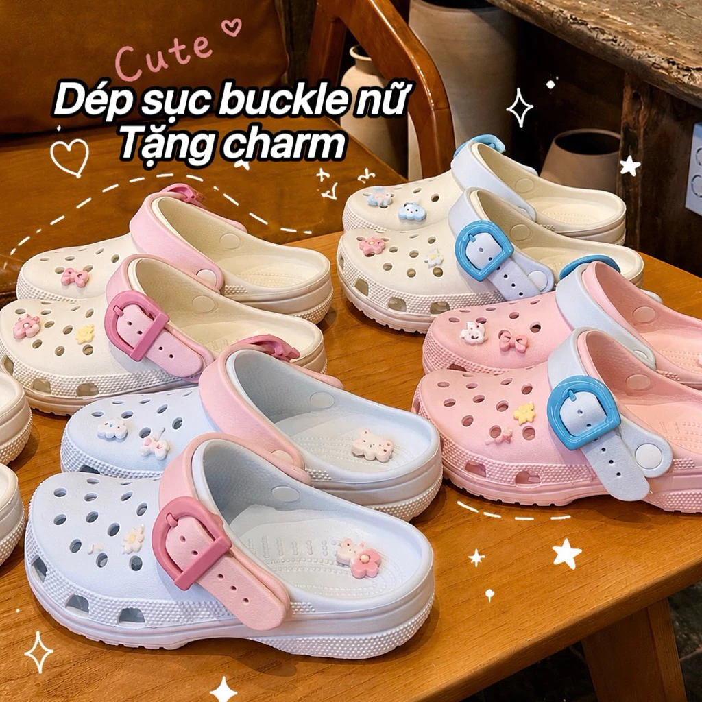 [TẶNG CHARM MIX] Sục dép nữ chất liệu eva an toàn, có quai kèm khuy siêu xinh, đế cao 3cm, dép mềm nhẹ basic dễ phối đồ