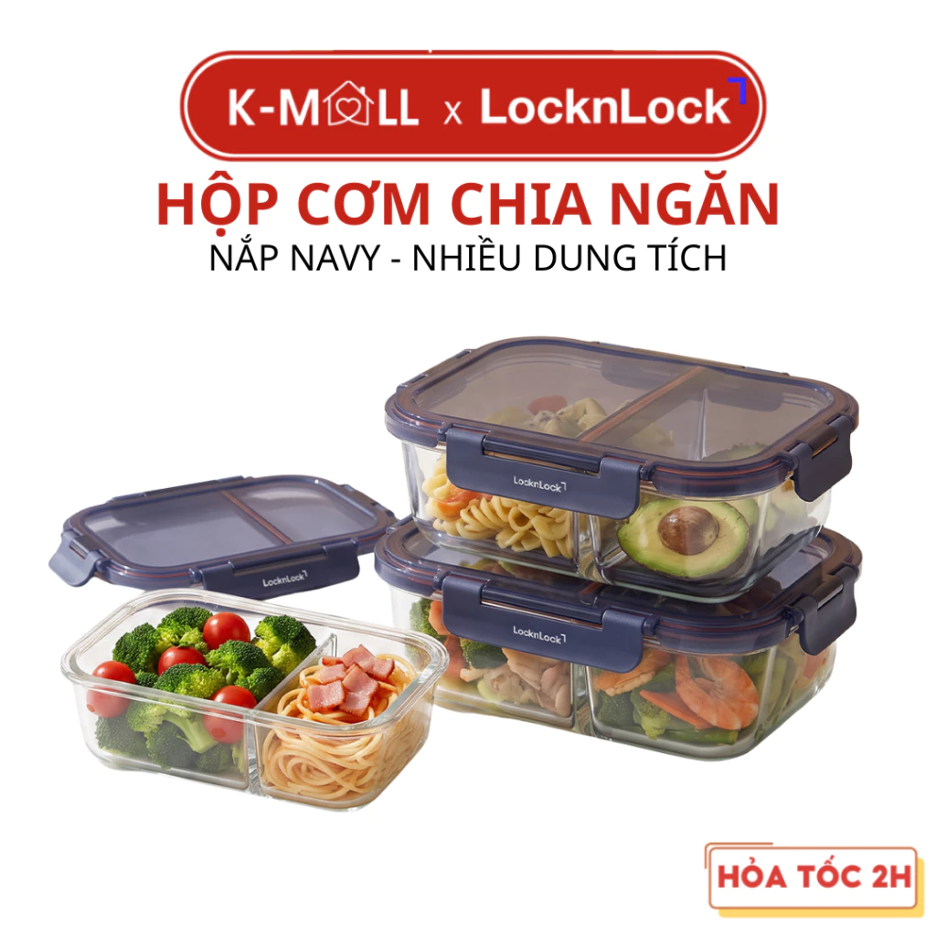 Hộp Thủy Tinh Chia Ngăn LocknLock Indigo LNG - 3 Dung Tích, Nắp Xanh Navy - K-MALL