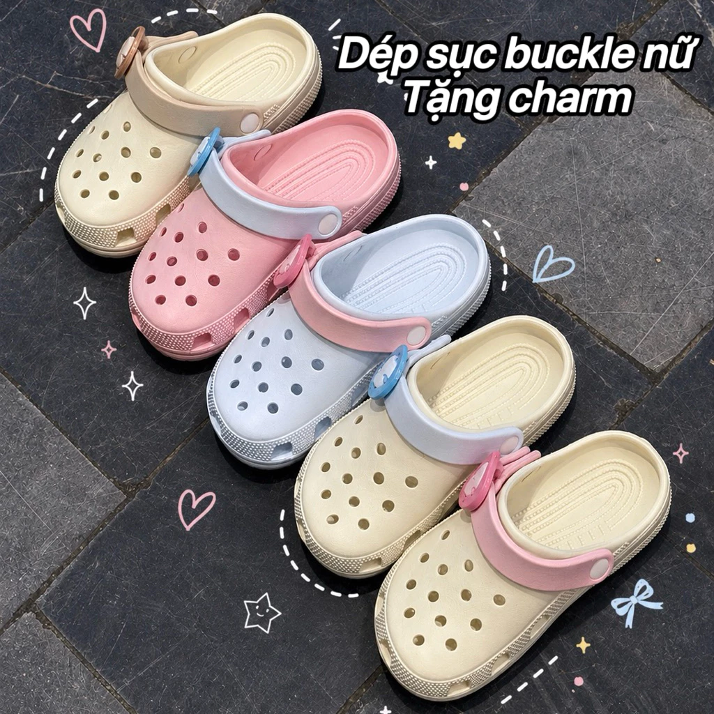 (TẶNG CHARM MIX NGẪU NHIÊN) Sục dép nữ chất liệu eva an toàn, mềm nhẹ êm, đế cao 3cm có khuy basic dễ phối đồ