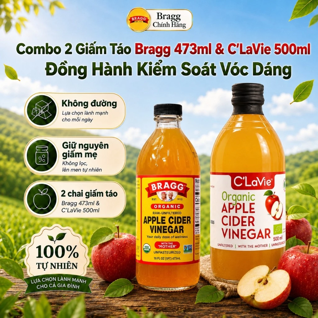Combo 2 Giấm Táo Bragg 473ml & Giấm táo C’Lavie 500ml – Đồng Hành Kiểm Soát Vóc Dáng