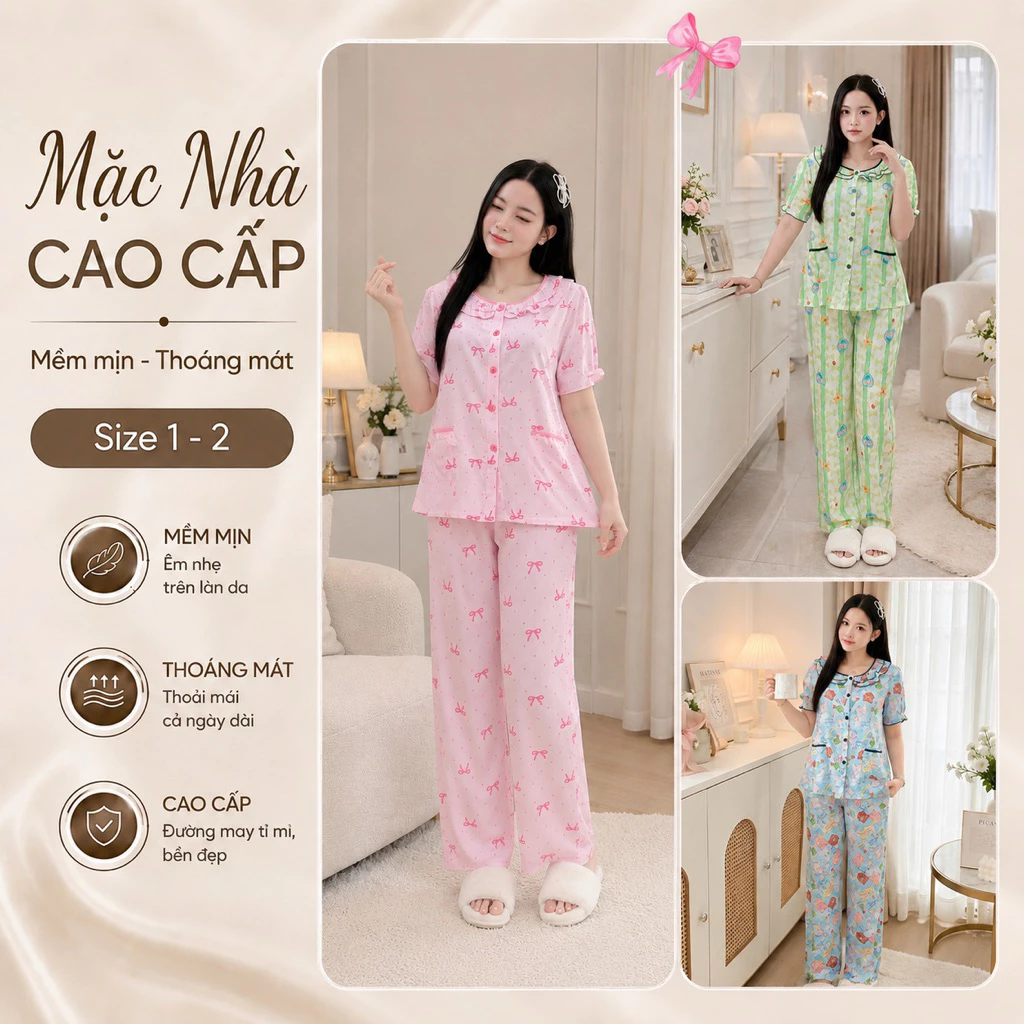 N15 Đồ Bộ Mặc Nhà Tiểu Thư Tôn Quần Dài Tay Ngắn Mềm Mát ,Hoạ Tiết Xinh Trẻ Trung