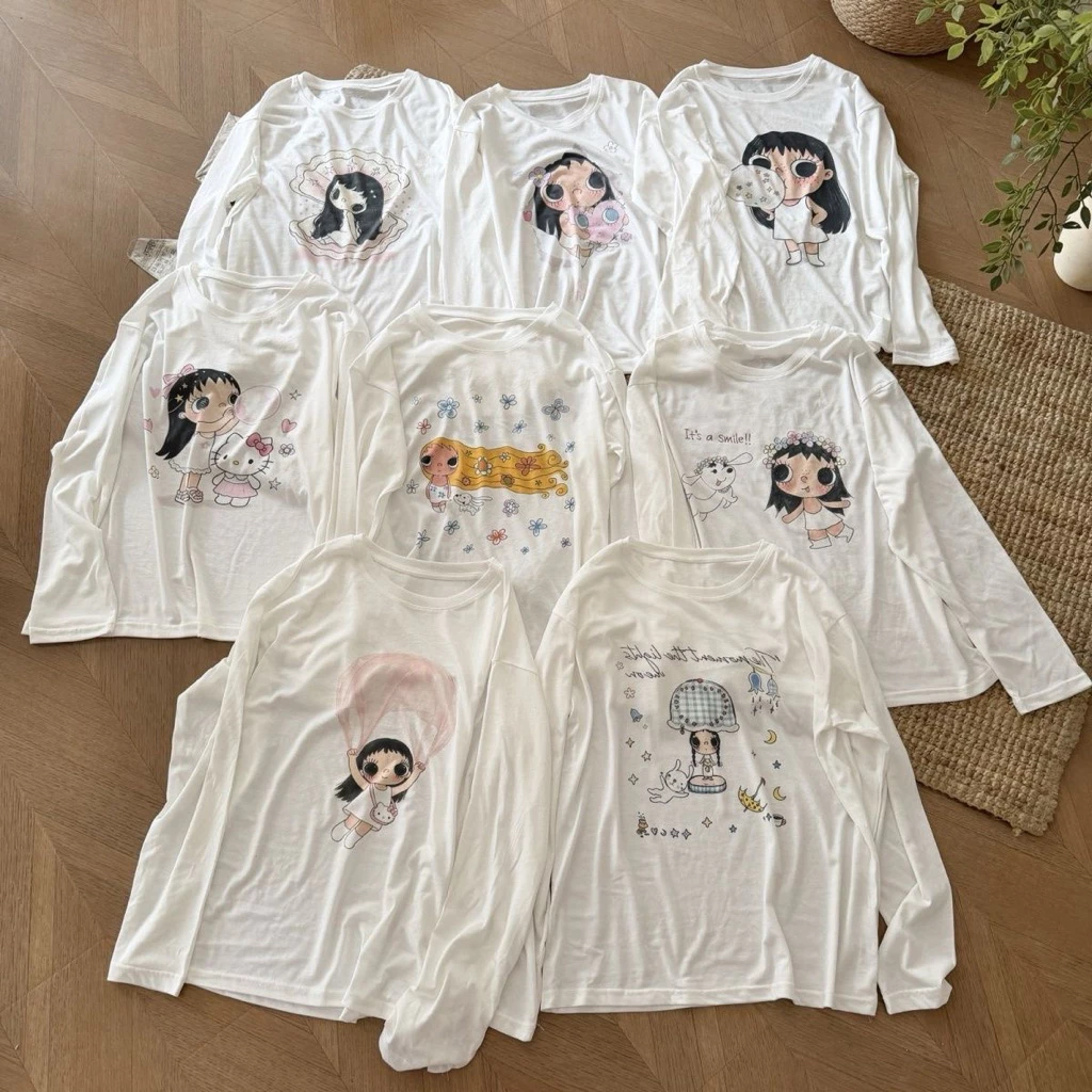 𝐂𝐡𝐚𝐫𝐥𝐨𝐭𝐭𝐞.𝐨𝐝_ Áo Thun Giấy Dài Tay Cổ Tròn Nhiều Hoạ Tiết Hoạt Hình Dễ Thương